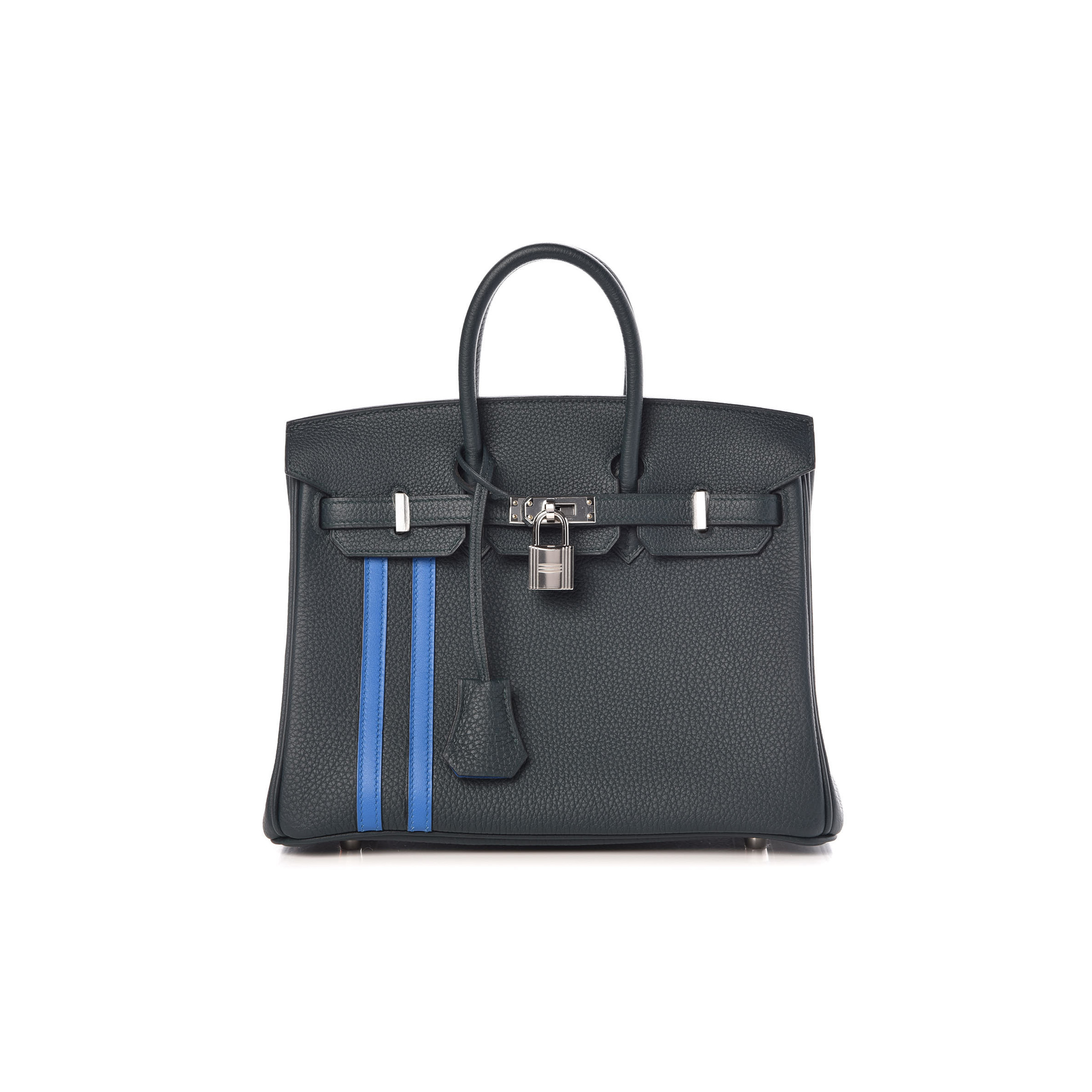 HERMES BIRKIN 25 TOGO LEATHER GRAPHITE GREY TANZANIAN BLUE SILVER BUCKLE BAG 971796 (25*20*13cm)